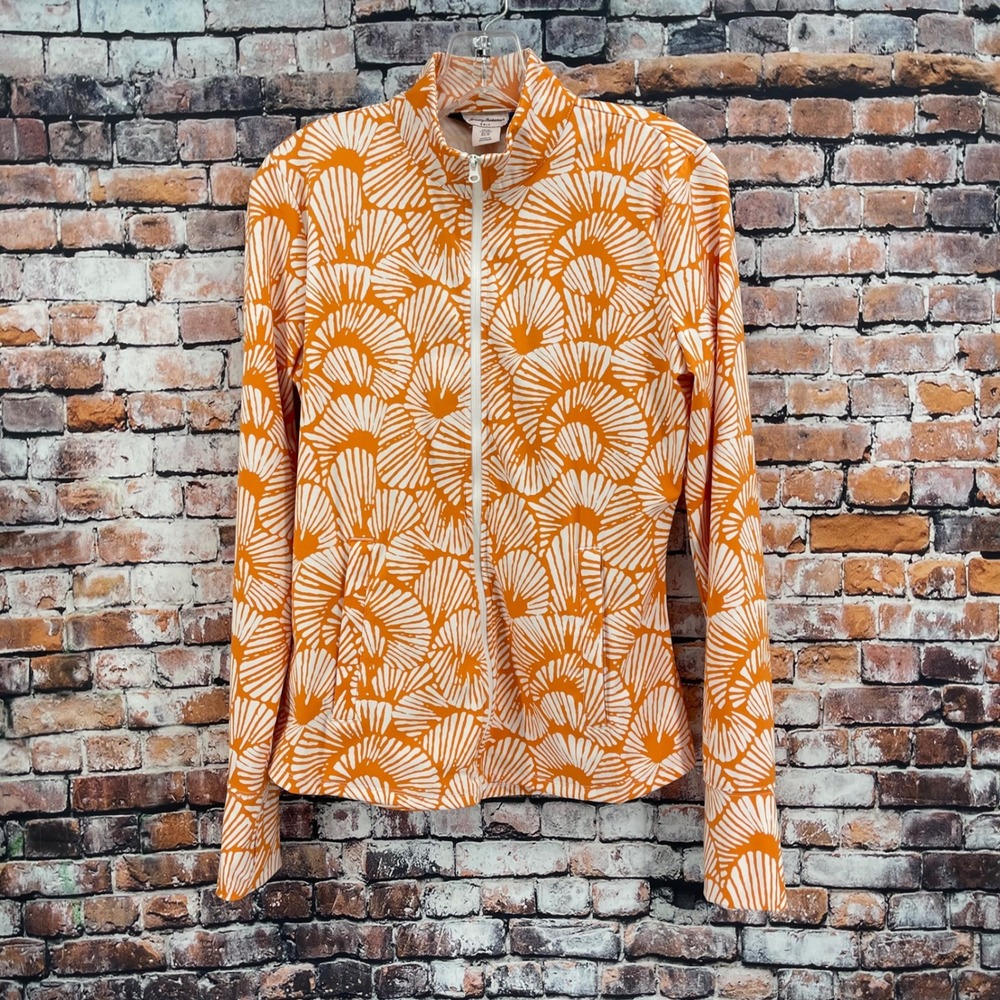 Tommy Bahama Golf Women M Orange White Tropical Fan Print Full Zip Jacket Thumb